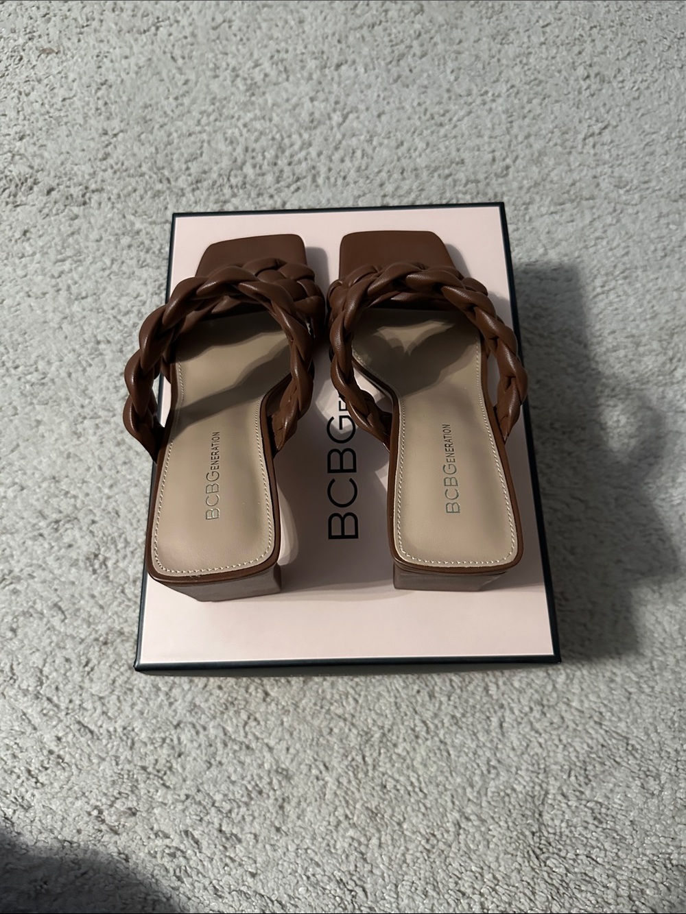 BCBGeneration Braided Strap Tan Square-Toe Slide Sandals